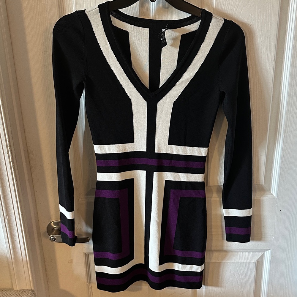 INC International Concepts Black and Purple Long Sleeve Dress